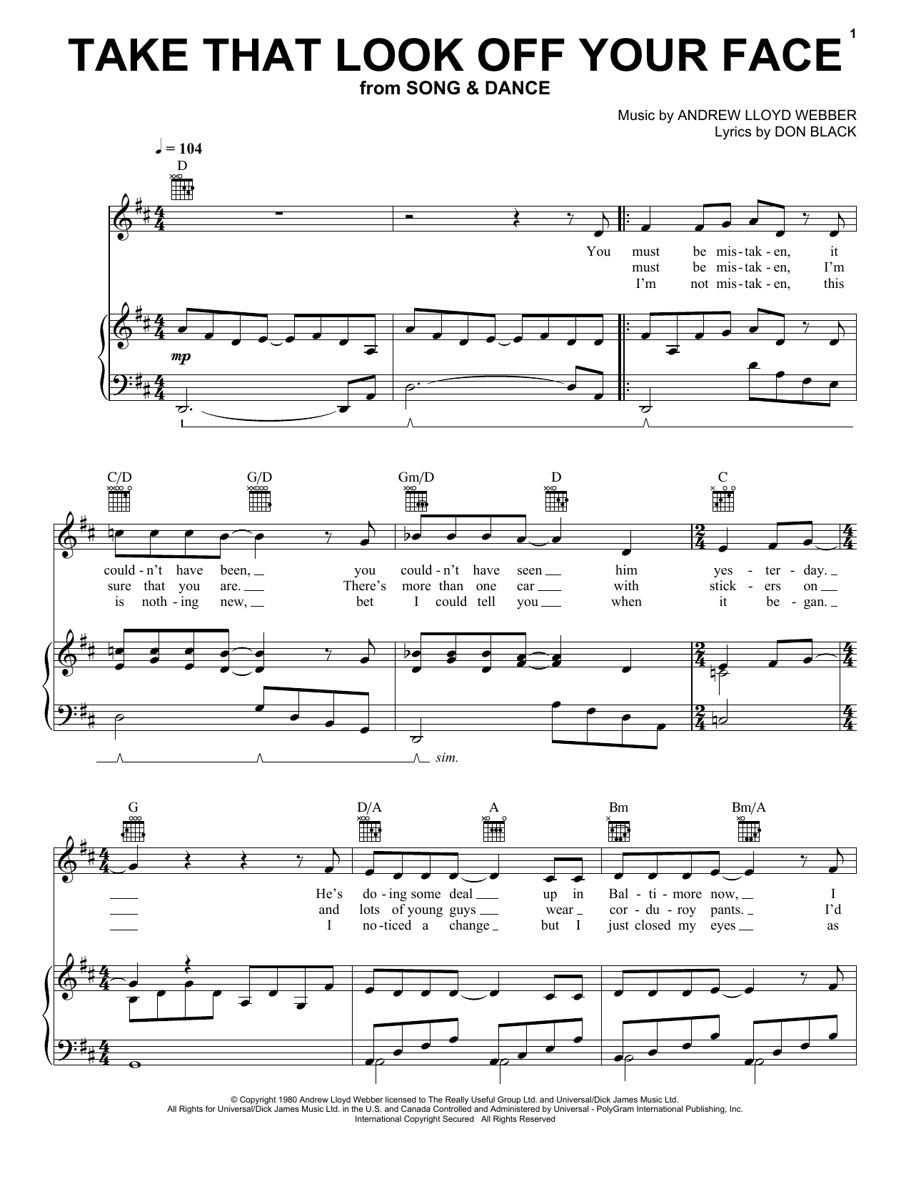 Andrew Lloyd Webber Take That Look Off Your Face (from Tell Me On A Sunday) sheet music notes and chords arranged for Flute Solo