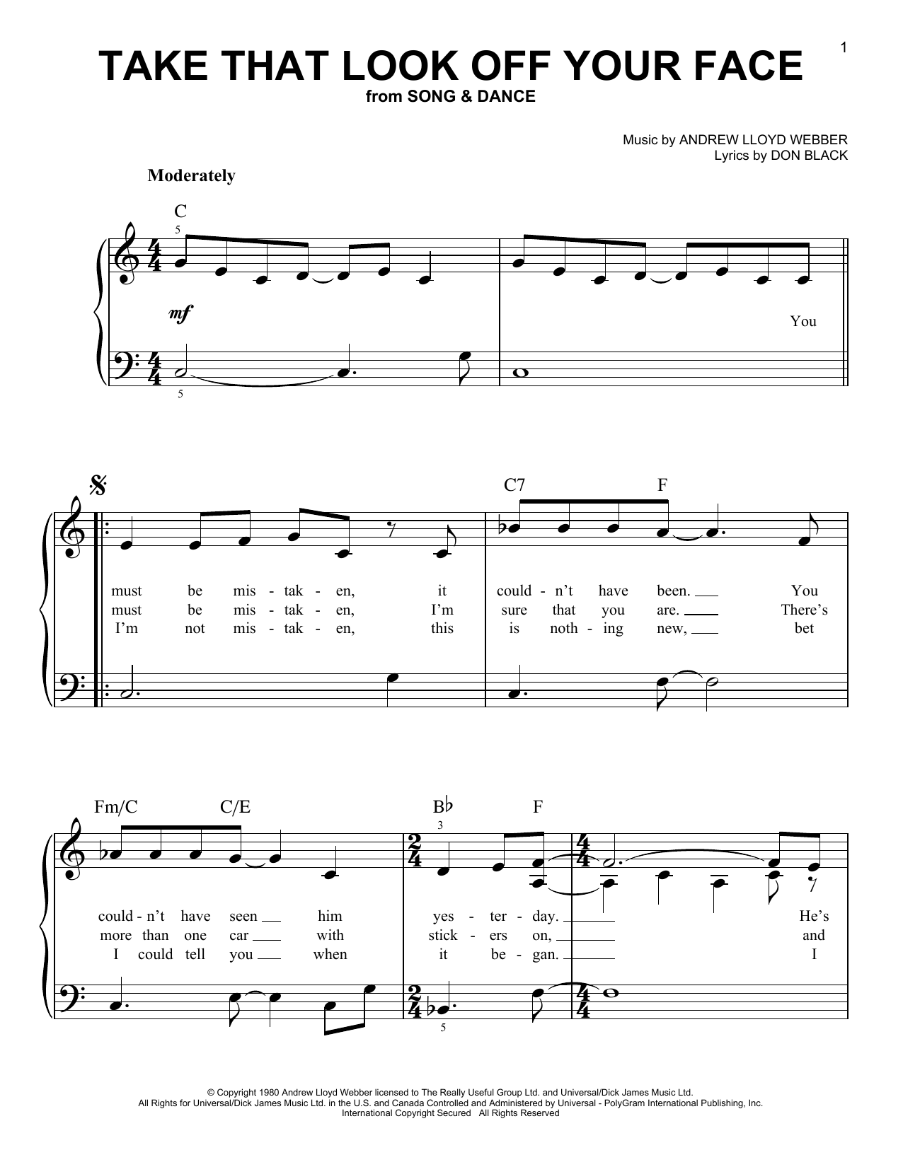 Andrew Lloyd Webber Take That Look Off Your Face sheet music notes and chords arranged for Super Easy Piano
