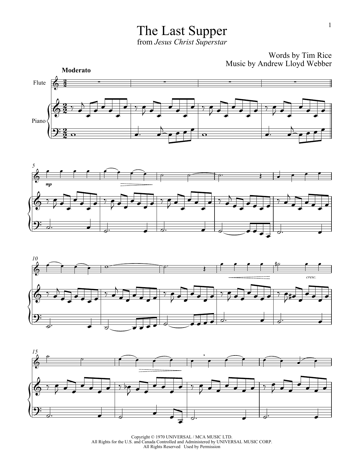 Andrew Lloyd Webber The Last Supper (from Jesus Christ Superstar) sheet music notes and chords arranged for Flute and Piano