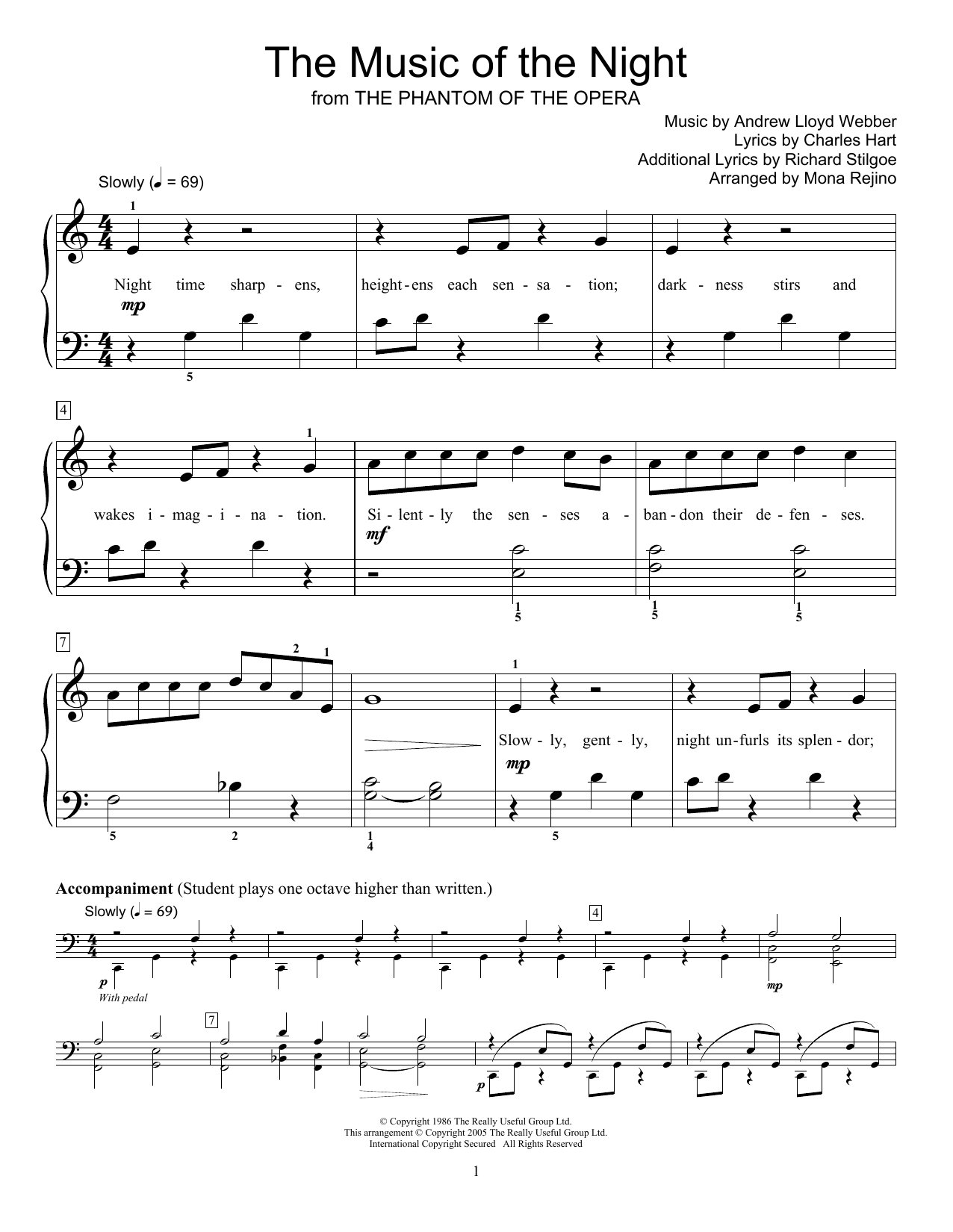 Andrew Lloyd Webber The Music Of The Night (arr. Mona Rejino) sheet music notes and chords arranged for Educational Piano