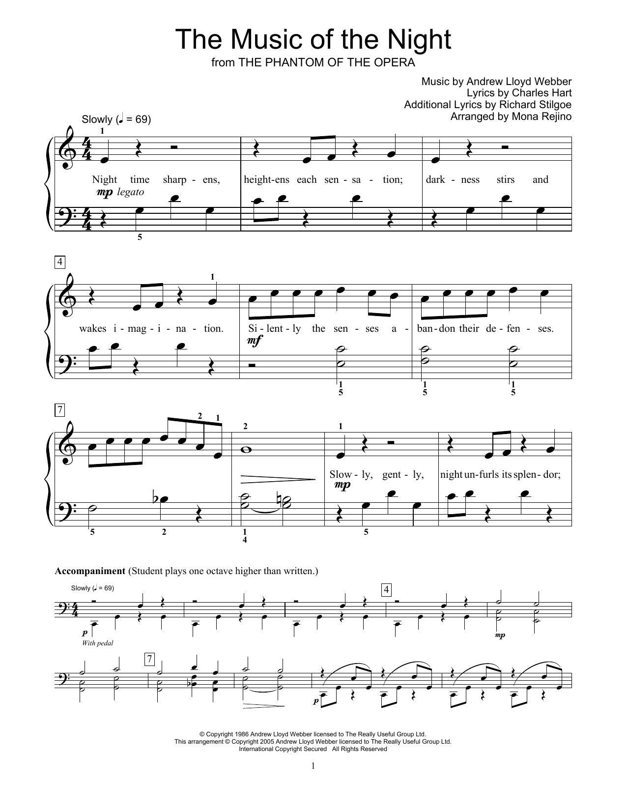 Andrew Lloyd Webber The Music Of The Night (from The Phantom Of The Opera) (arr. Mona Rejino) sheet music notes and chords arranged for Educational Piano