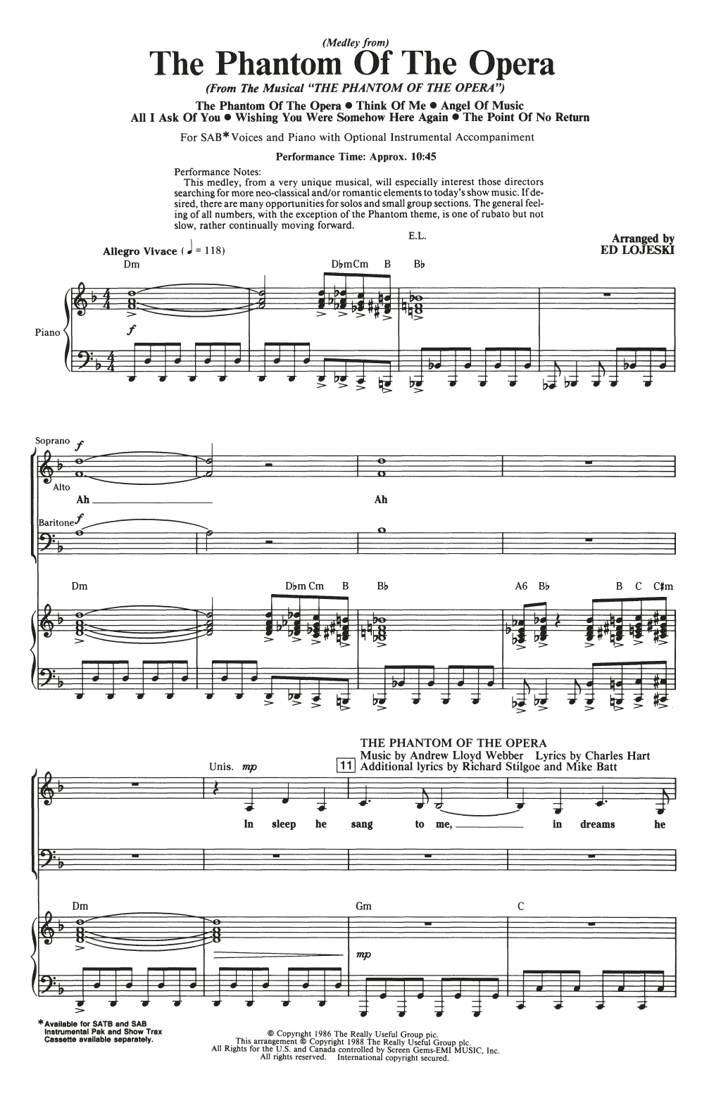 Andrew Lloyd Webber The Phantom Of The Opera (Medley) (arr. Ed Lojeski) sheet music notes and chords arranged for SAB Choir