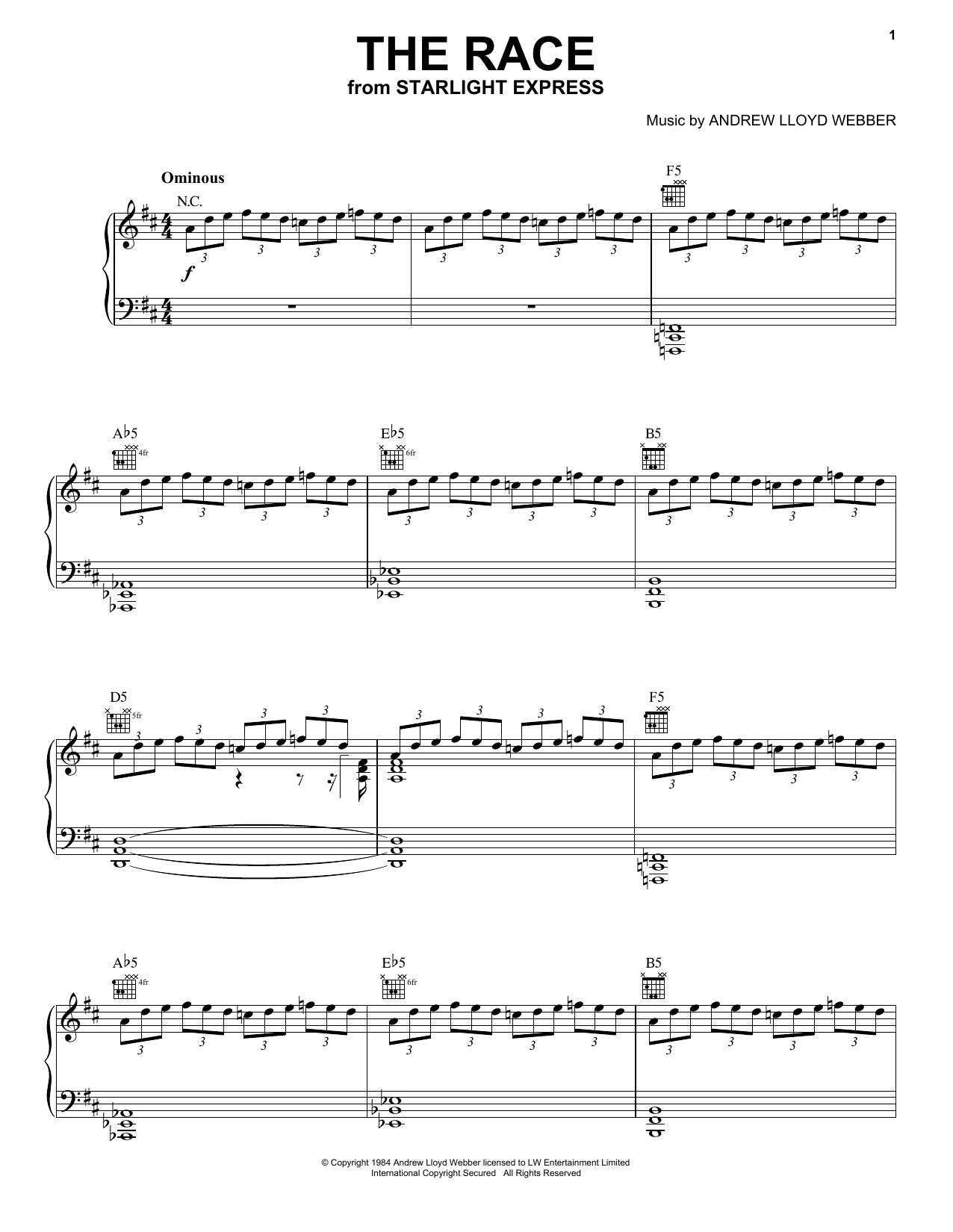 Andrew Lloyd Webber The Race (from Starlight Express) sheet music notes and chords arranged for Piano Solo