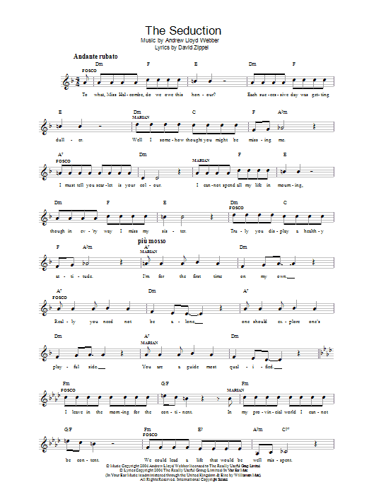 Andrew Lloyd Webber The Seduction (from The Woman In White) sheet music notes and chords arranged for Lead Sheet / Fake Book