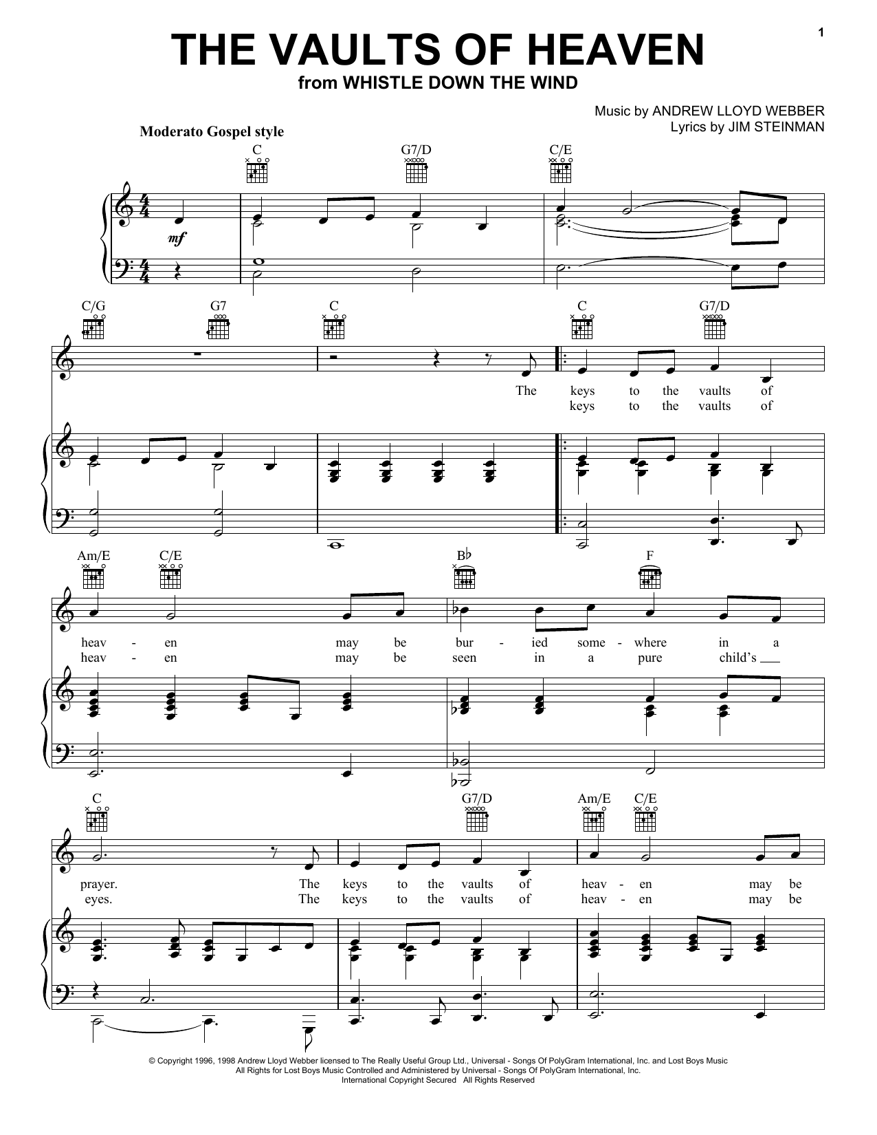 Andrew Lloyd Webber The Vaults Of Heaven sheet music notes and chords arranged for Easy Piano