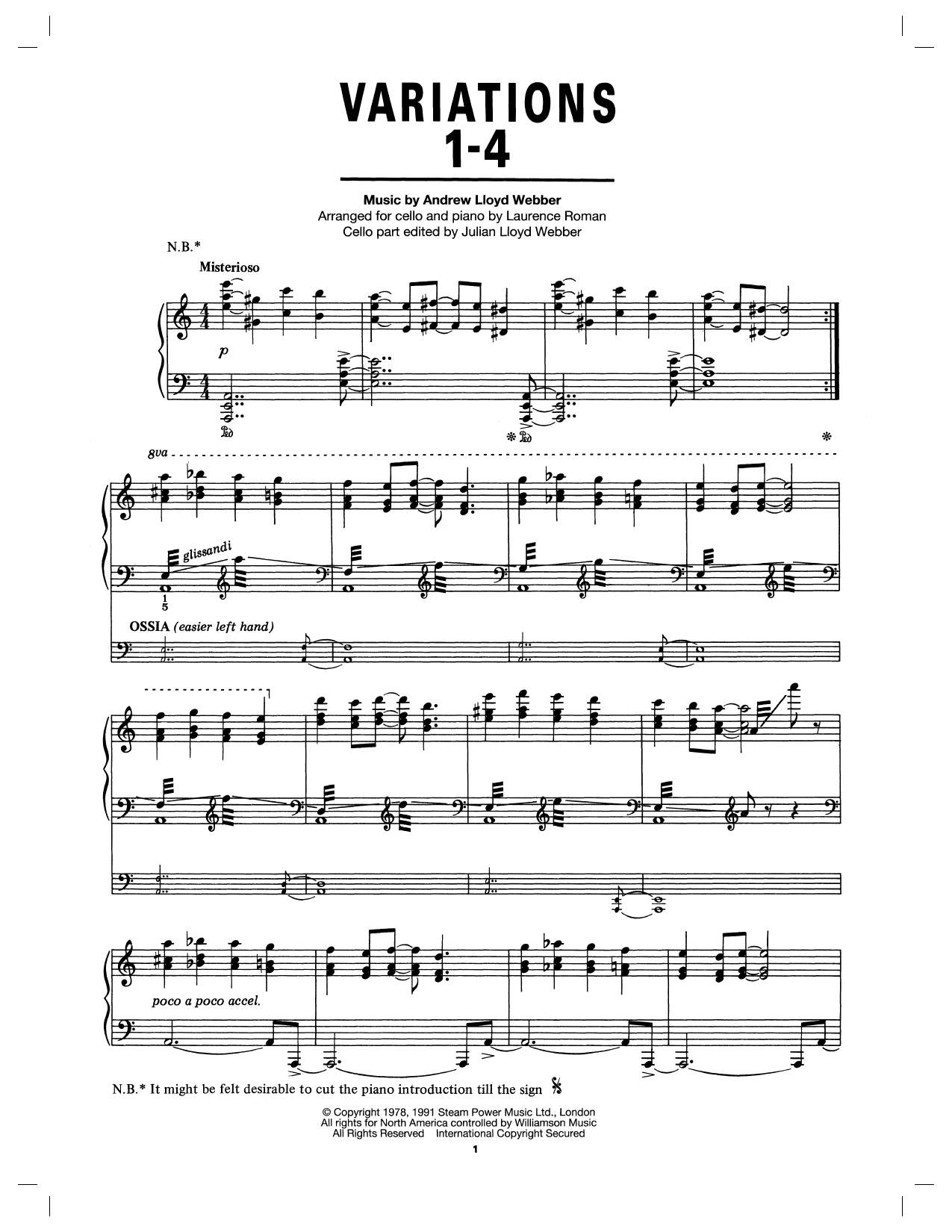 Andrew Lloyd Webber Theme And Variations 1-4 (arr. Laurence Roman) sheet music notes and chords arranged for Cello and Piano