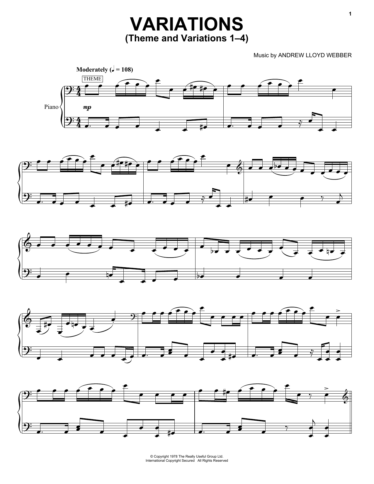Andrew Lloyd Webber Theme And Variations 1-4 sheet music notes and chords arranged for Easy Piano