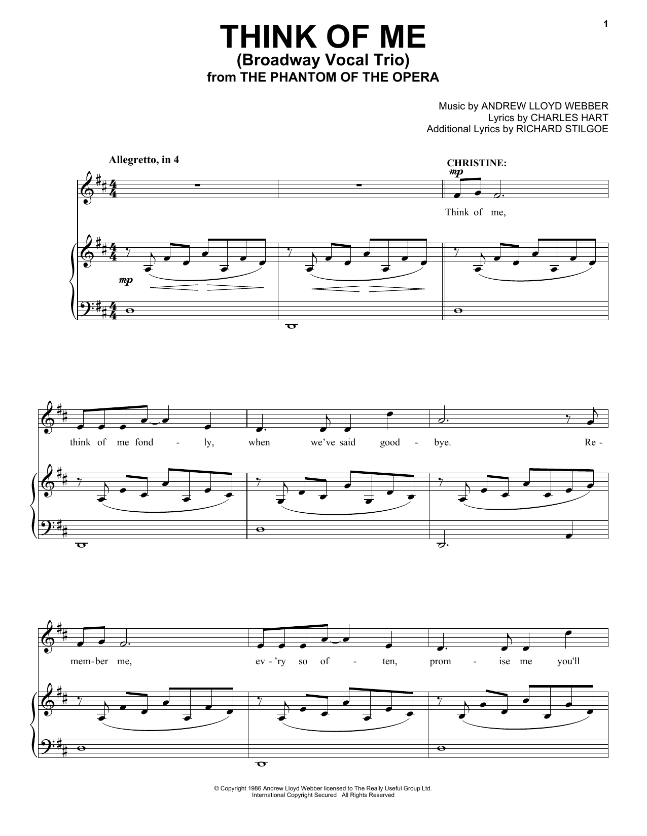 Andrew Lloyd Webber Think Of Me (from Phantom Of The Opera) (Trio) sheet music notes and chords arranged for Piano & Vocal