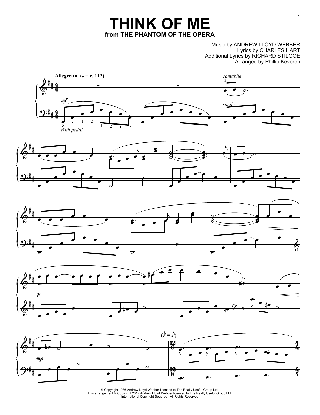 Andrew Lloyd Webber Think Of Me (from The Phantom Of The Opera) (arr. Phillip Keveren) sheet music notes and chords arranged for Piano Solo