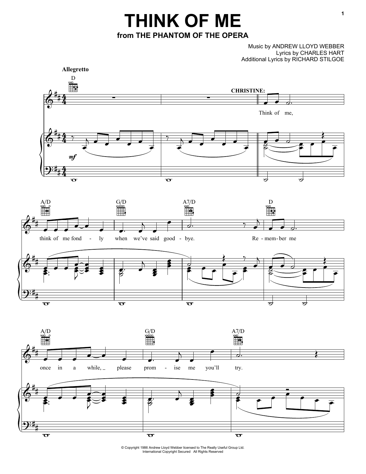 Andrew Lloyd Webber Think Of Me (from The Phantom Of The Opera) sheet music notes and chords arranged for Cello Solo