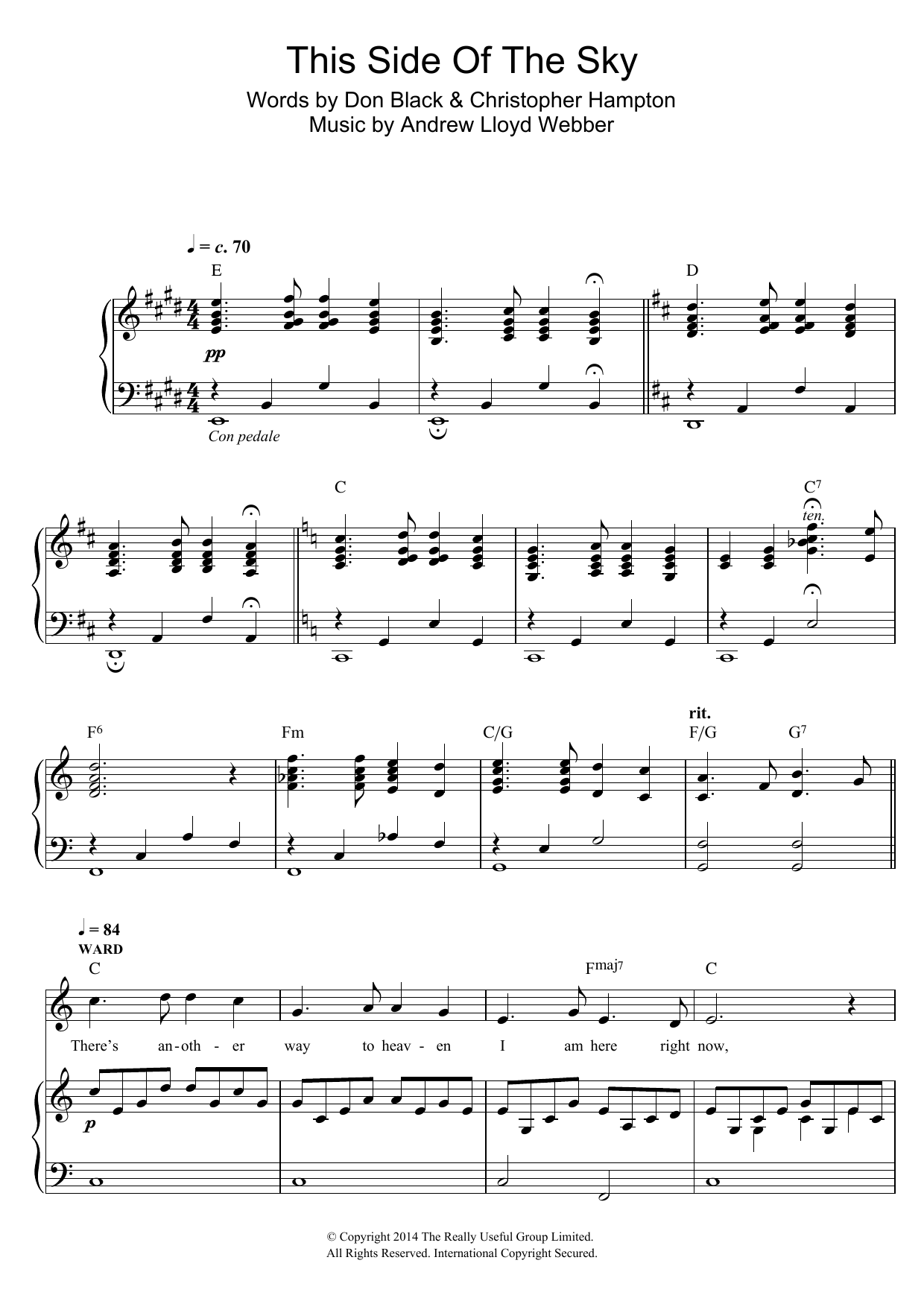 Andrew Lloyd Webber This Side Of The Sky (from 'Stpehen Ward') sheet music notes and chords arranged for Piano & Vocal