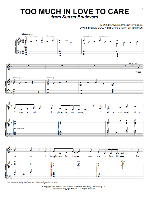 Andrew Lloyd Webber Too Much In Love To Care sheet music notes and chords arranged for Lead Sheet / Fake Book