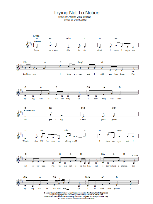 Andrew Lloyd Webber Trying Not To Notice (from The Woman In White) sheet music notes and chords arranged for Lead Sheet / Fake Book