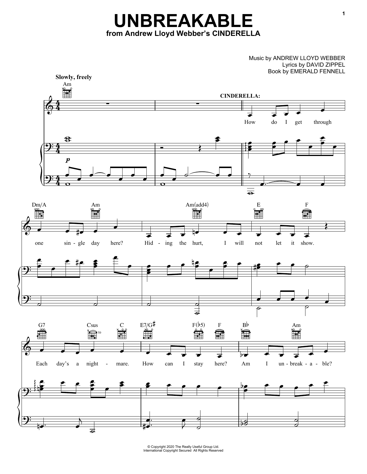 Andrew Lloyd Webber Unbreakable (from Andrew Lloyd Webber's Cinderella) sheet music notes and chords arranged for Piano, Vocal & Guitar Chords (Right-Hand Melody)