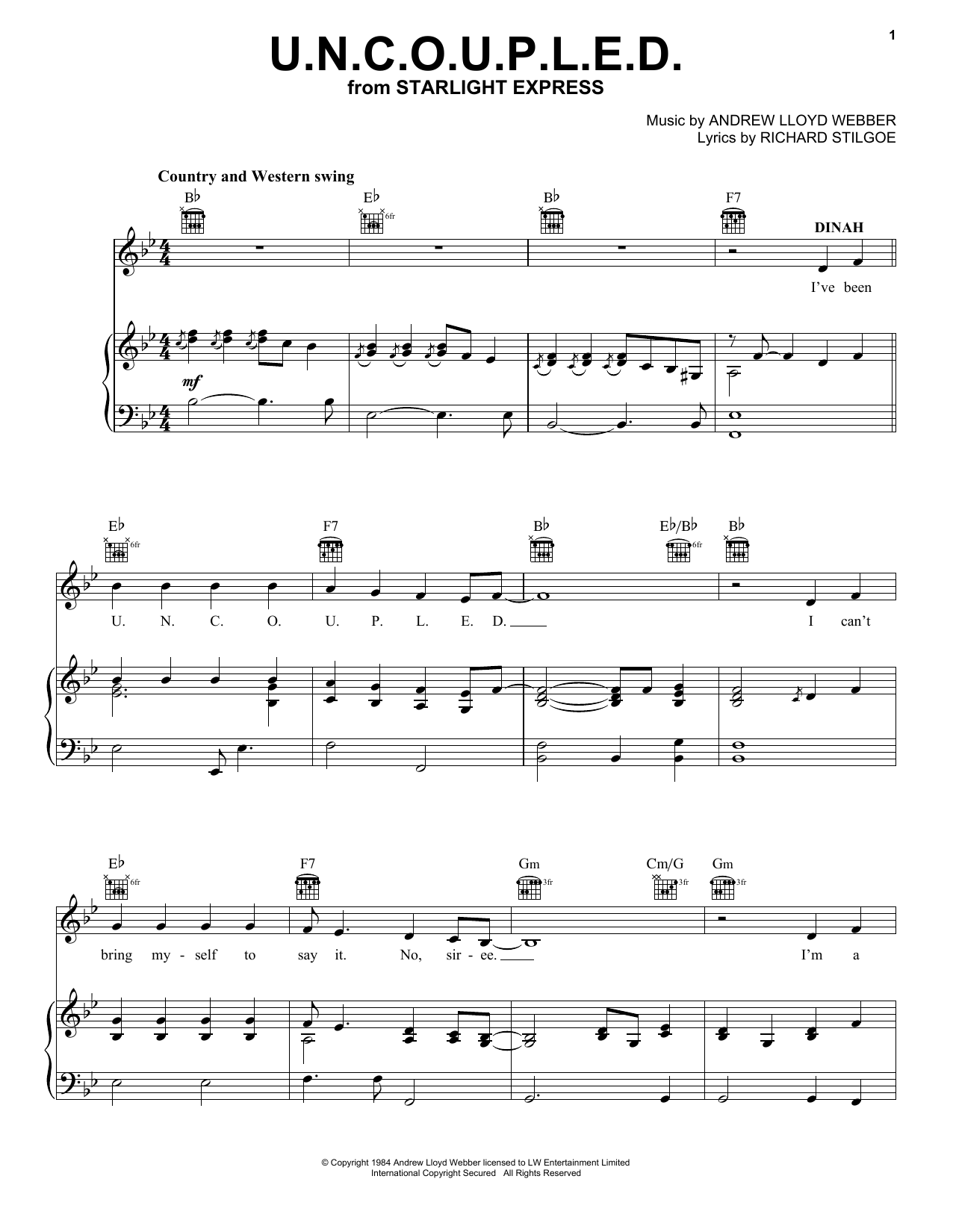 Andrew Lloyd Webber U.N.C.O.U.P.L.E.D. (from Starlight Express) sheet music notes and chords arranged for Piano, Vocal & Guitar Chords (Right-Hand Melody)