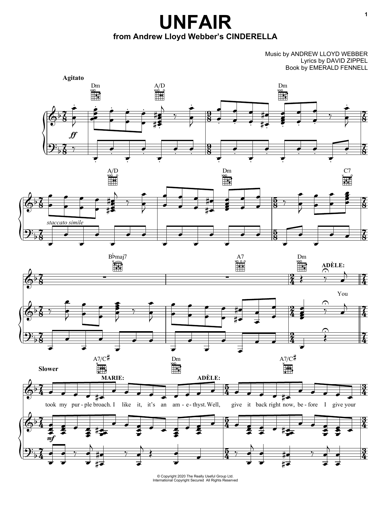 Andrew Lloyd Webber Unfair (from Andrew Lloyd Webber's Cinderella) sheet music notes and chords arranged for Piano, Vocal & Guitar Chords (Right-Hand Melody)