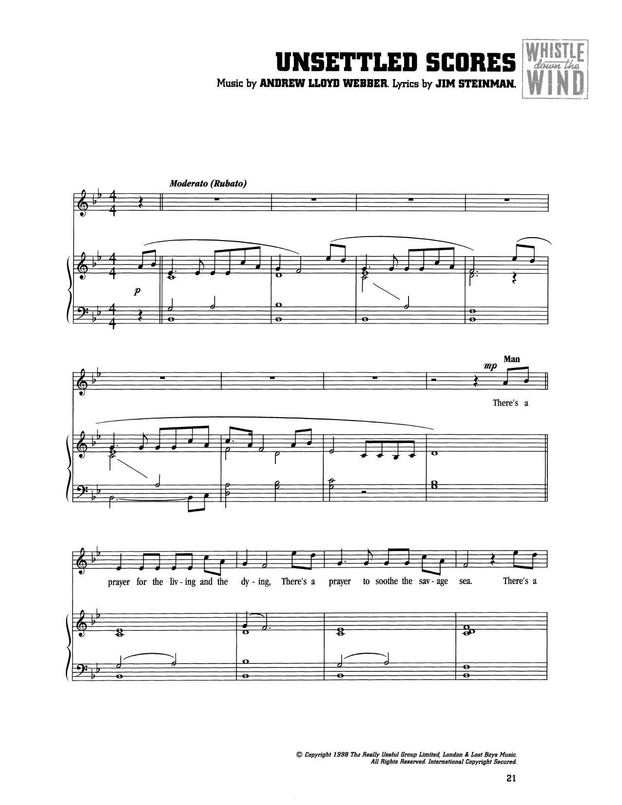 Andrew Lloyd Webber Unsettled Scores (from Whistle Down The Wind) sheet music notes and chords arranged for Piano & Vocal