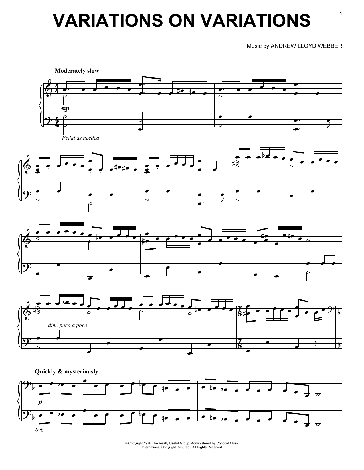 Andrew Lloyd Webber Variations On Variations sheet music notes and chords arranged for Piano Solo