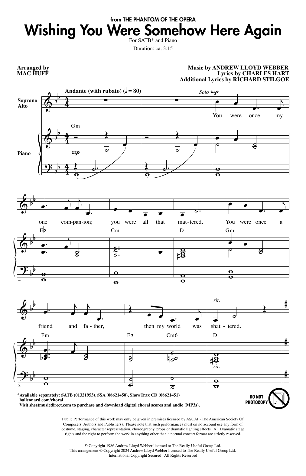 Andrew Lloyd Webber Wishing You Were Somehow Here Again (from The Phantom Of The Opera) (arr. Mac Huff) sheet music notes and chords arranged for SATB Choir