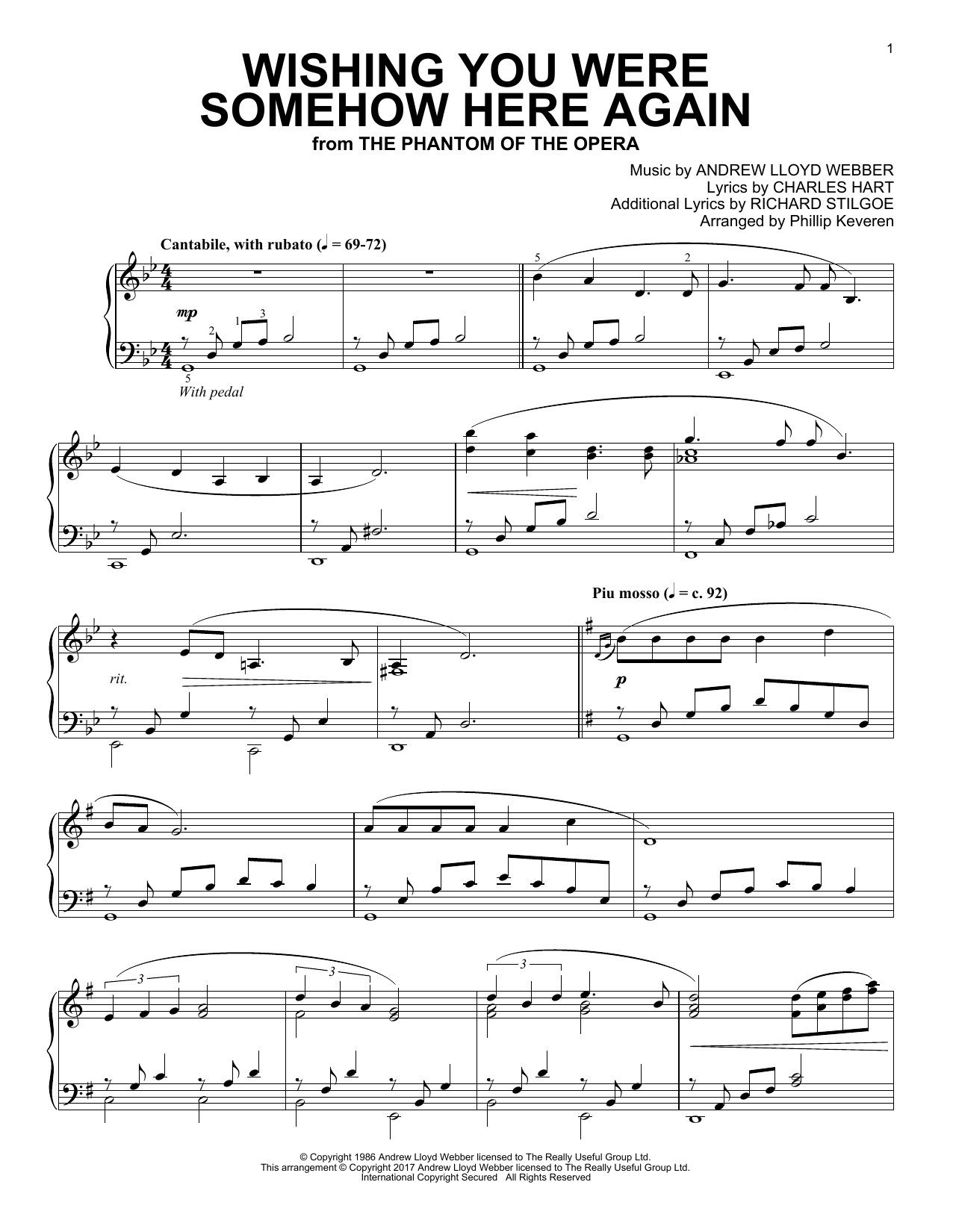 Andrew Lloyd Webber Wishing You Were Somehow Here Again (from The Phantom Of The Opera) (arr. Phillip Keveren) sheet music notes and chords arranged for Piano Solo