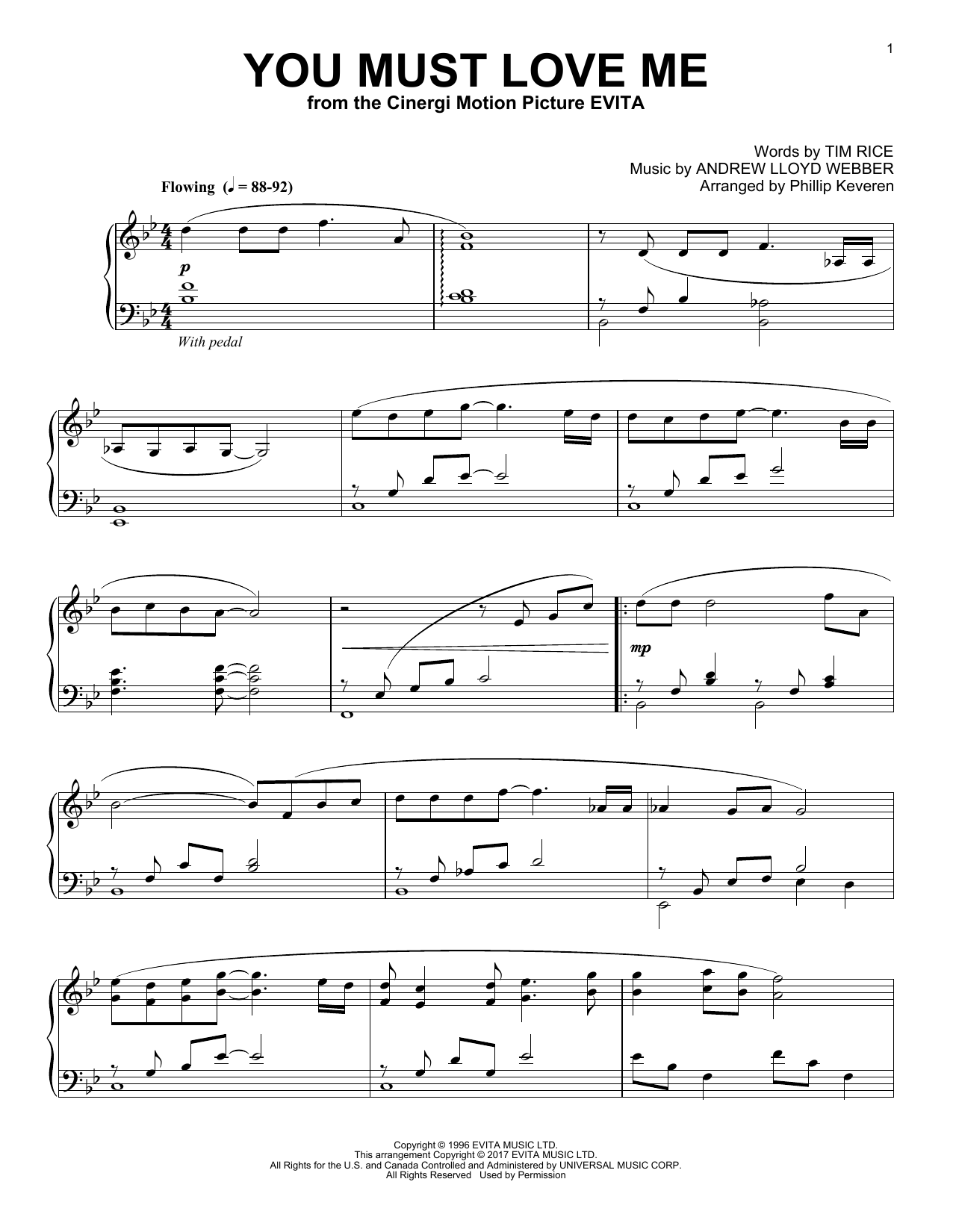 Andrew Lloyd Webber You Must Love Me (arr. Phillip Keveren) sheet music notes and chords arranged for Piano Solo