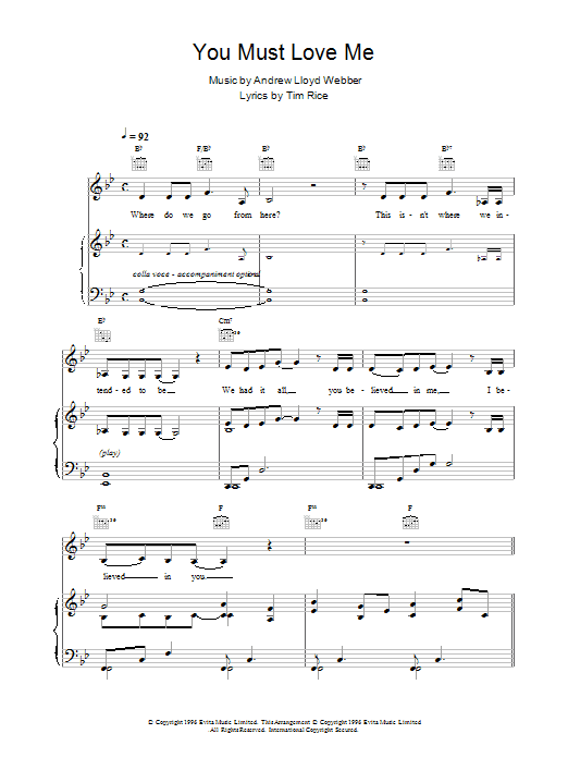 Andrew Lloyd Webber You Must Love Me (from Evita) sheet music notes and chords arranged for Tenor Sax Solo