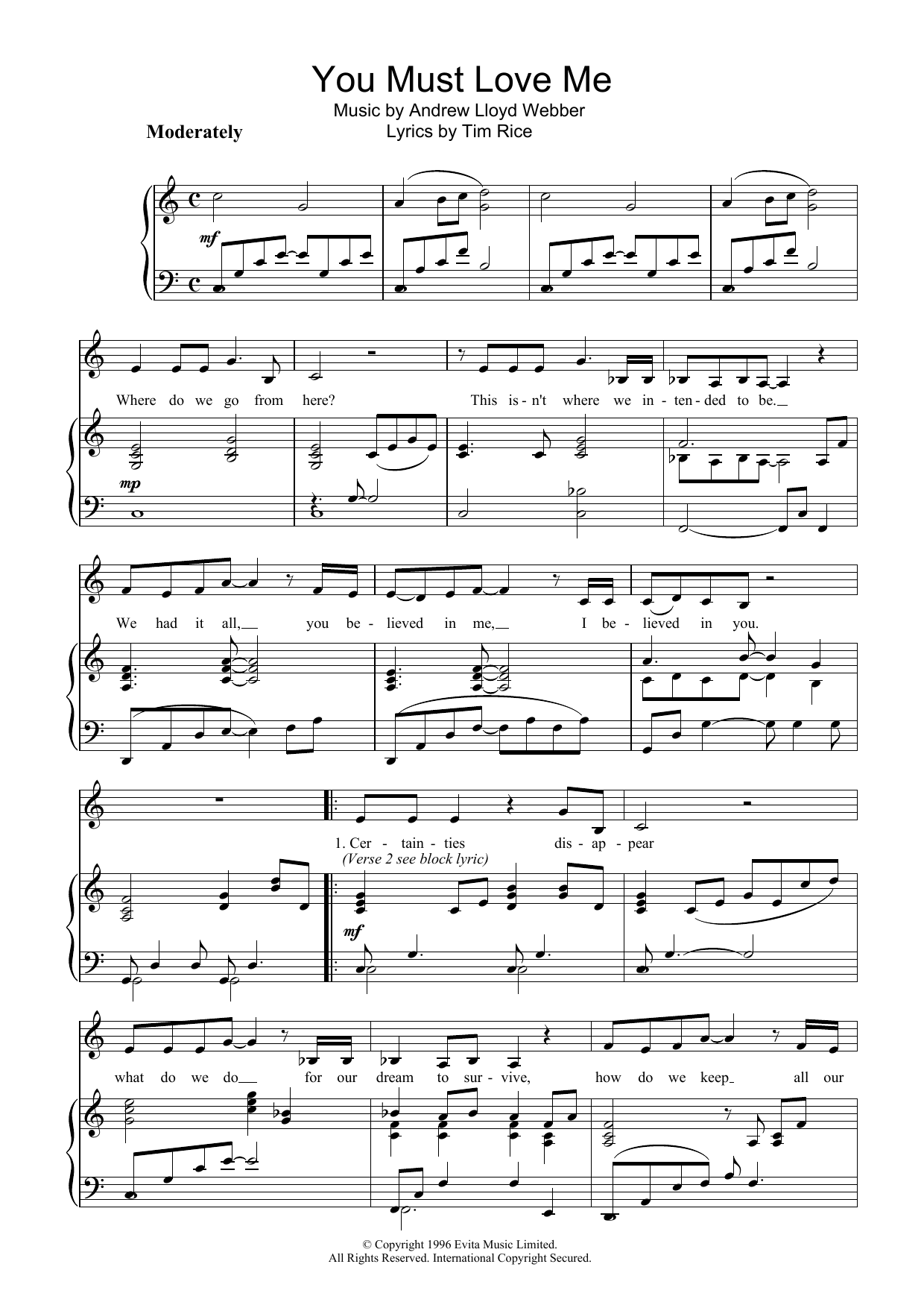 Andrew Lloyd Webber You Must Love Me sheet music notes and chords arranged for Super Easy Piano