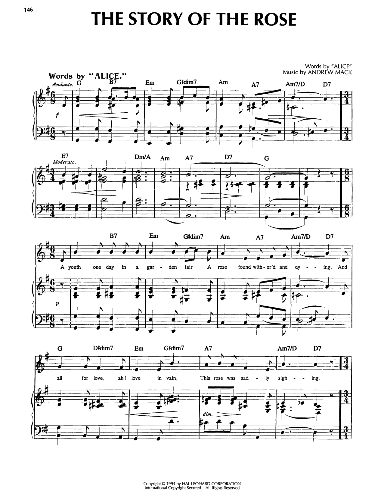 Andrew Mack The Story Of The Rose sheet music notes and chords arranged for Piano, Vocal & Guitar Chords (Right-Hand Melody)