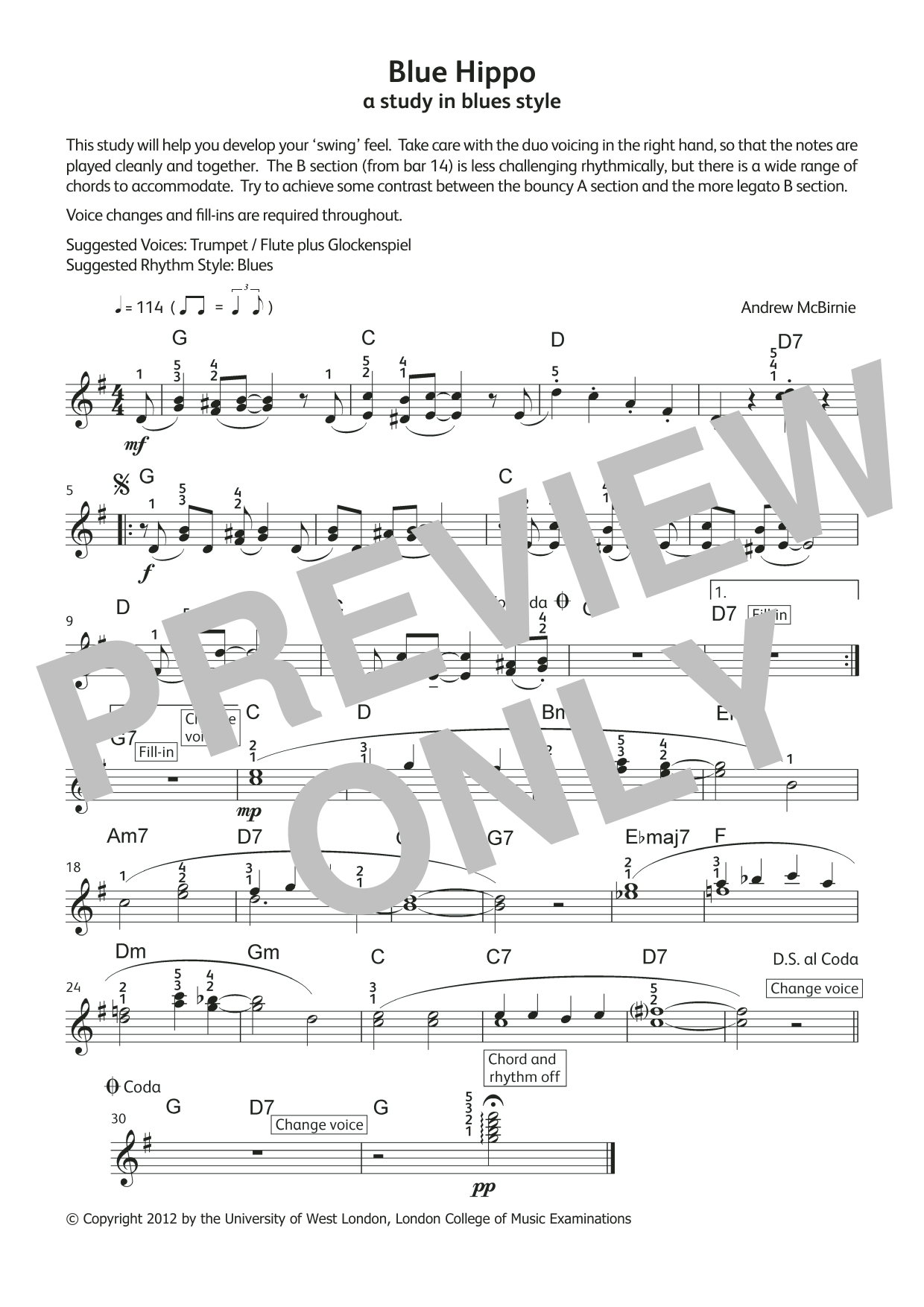 Andrew McBirnie Blue Hippo (from LCME Electronic Keyboard Grade 4 List A) sheet music notes and chords arranged for Piano Solo