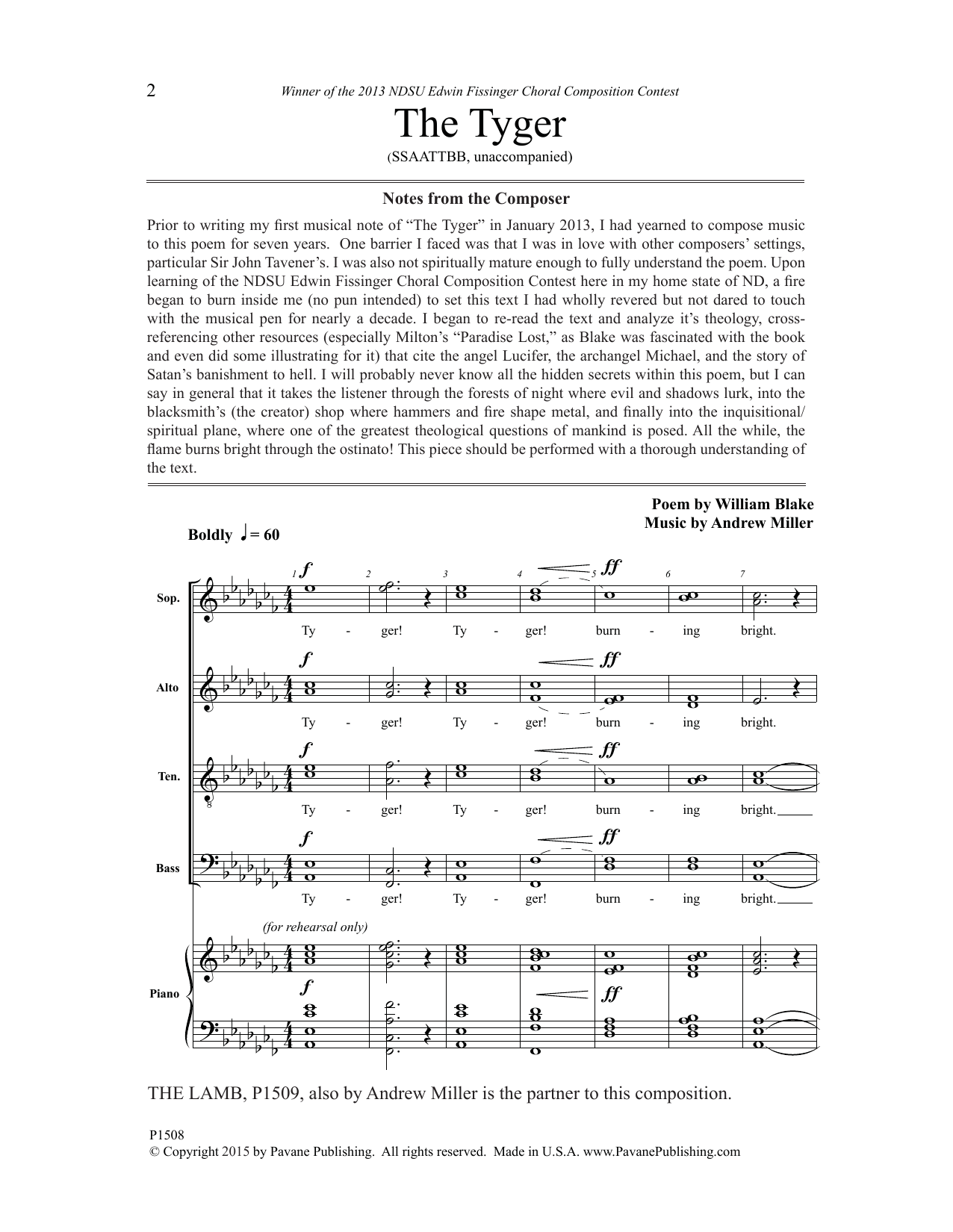 Andrew Miller The Tyger sheet music notes and chords arranged for SSAATTBB Choir