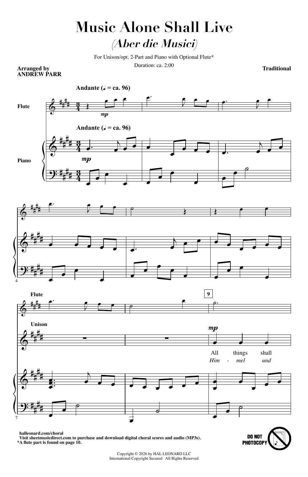 Andrew Parr Music Alone Shall Live (Aber Die Musici) sheet music notes and chords arranged for Choir