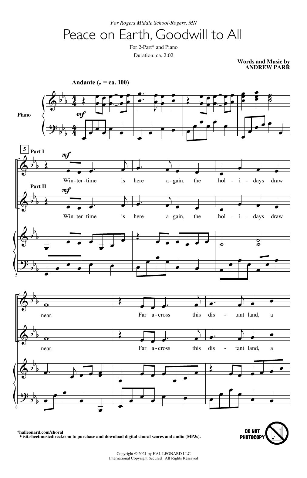 Andrew Parr Peace On Earth, Goodwill To All sheet music notes and chords arranged for 2-Part Choir