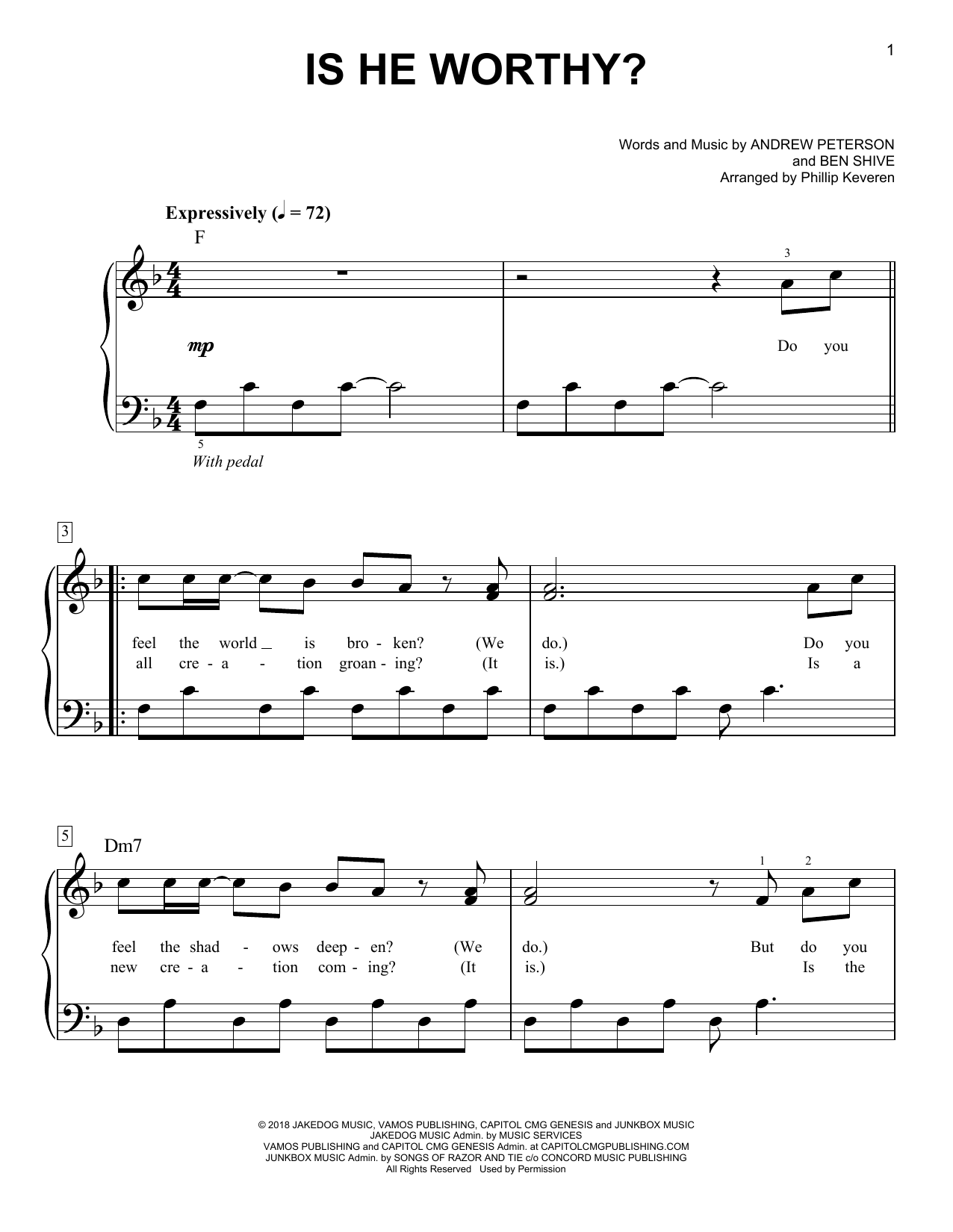 Andrew Peterson Is He Worthy? (arr. Phillip Keveren) sheet music notes and chords arranged for Easy Piano