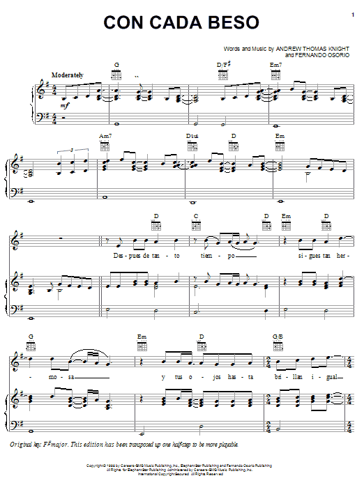 Andrew Thomas Knight Con Cada Beso sheet music notes and chords arranged for Piano, Vocal & Guitar Chords (Right-Hand Melody)