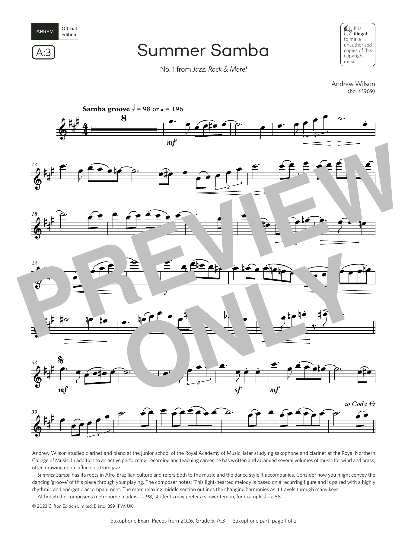 Andrew Wilson Summer Samba (Grade 5, list A3, from the ABRSM Saxophone Syllabus from 2026) sheet music notes and chords arranged for Alto Sax Solo