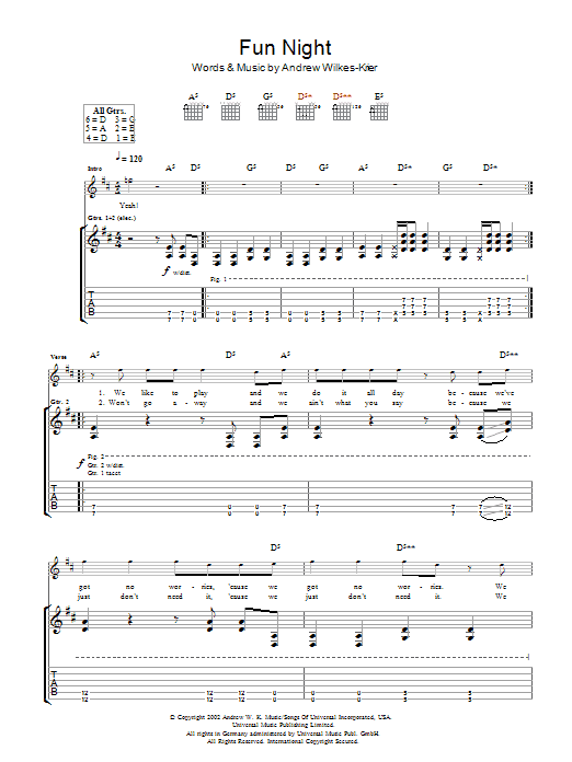Andrew W.K. Fun Night sheet music notes and chords arranged for Guitar Tab