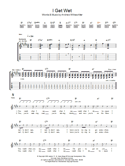 Andrew W.K. I Get Wet sheet music notes and chords arranged for Guitar Tab
