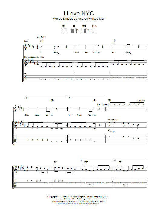 Andrew W.K. I Love NYC sheet music notes and chords arranged for Guitar Tab