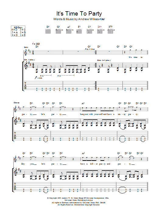 Andrew W.K. It's Time To Party sheet music notes and chords arranged for Guitar Tab