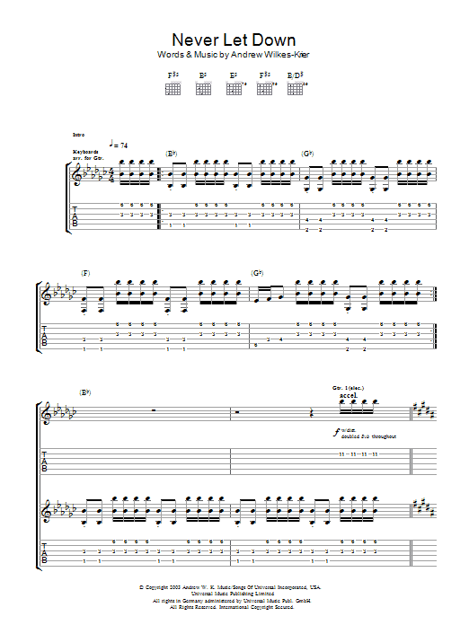 Andrew W.K. Never Let Down sheet music notes and chords arranged for Guitar Tab
