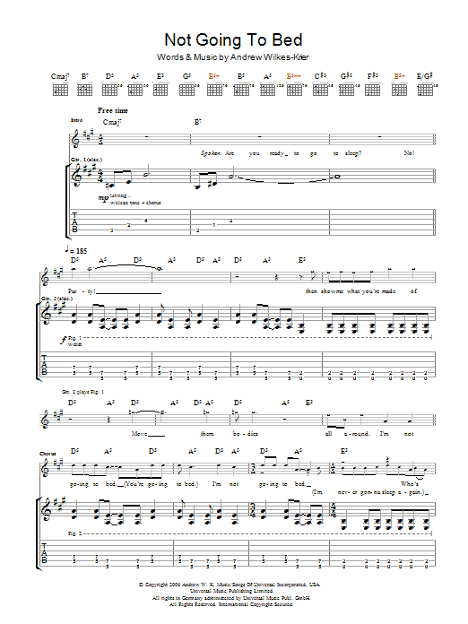 Andrew W.K. Not Going To Bed sheet music notes and chords arranged for Guitar Tab