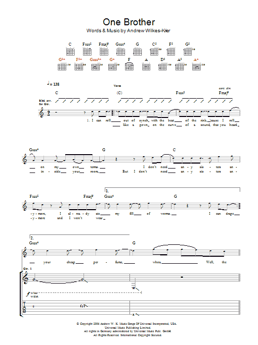 Andrew W.K. One Brother sheet music notes and chords arranged for Guitar Tab