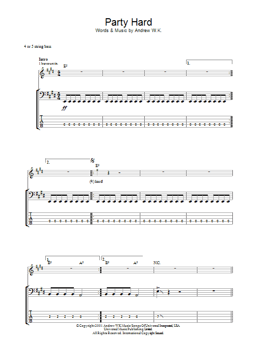 Andrew W.K. Party Hard sheet music notes and chords arranged for Piano, Vocal & Guitar Chords (Right-Hand Melody)