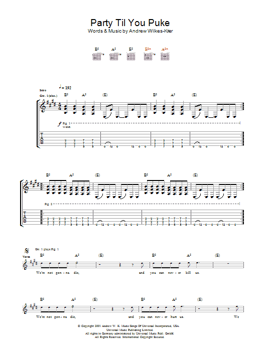 Andrew W.K. Party Til You Puke sheet music notes and chords arranged for Guitar Tab