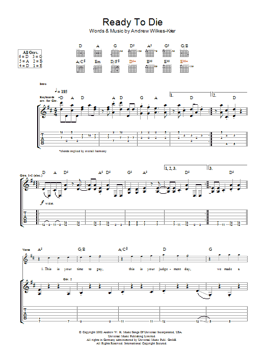 Andrew W.K. Ready To Die sheet music notes and chords arranged for Guitar Tab