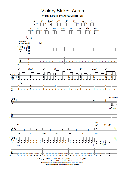 Andrew W.K. Victory Strikes Again sheet music notes and chords arranged for Guitar Tab