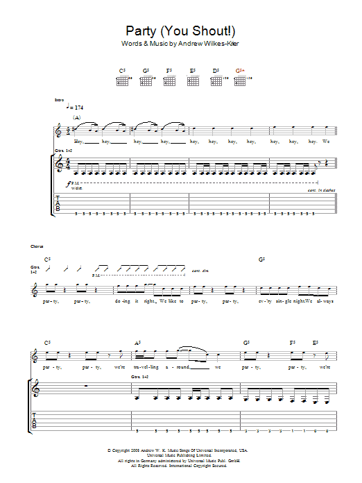 Andrew W.K. We Party (You Shout) sheet music notes and chords arranged for Guitar Tab