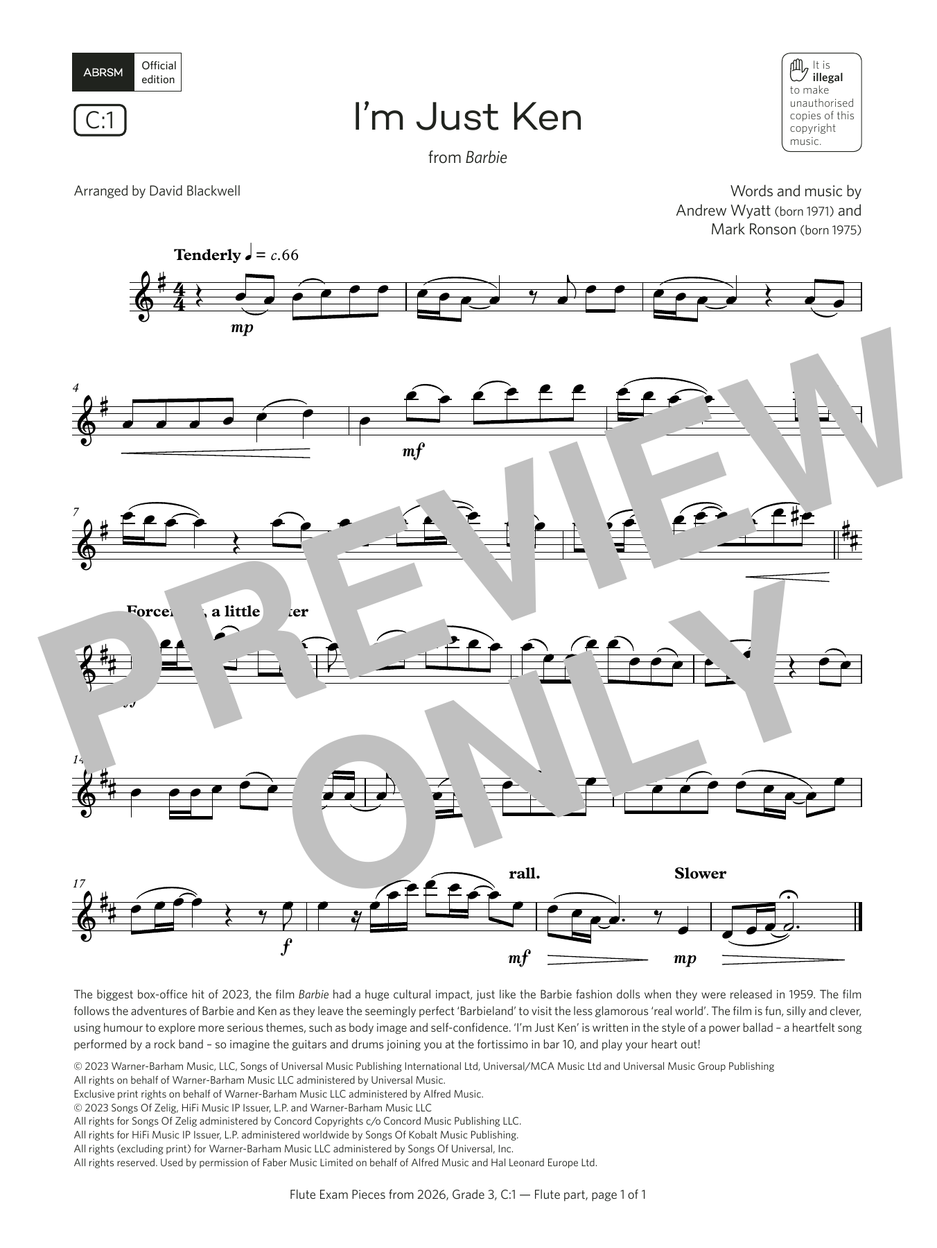 Andrew Wyatt I'm Just Ken (Grade 3, list C1, from the ABRSM Flute Syllabus from 2026) sheet music notes and chords arranged for Flute Solo