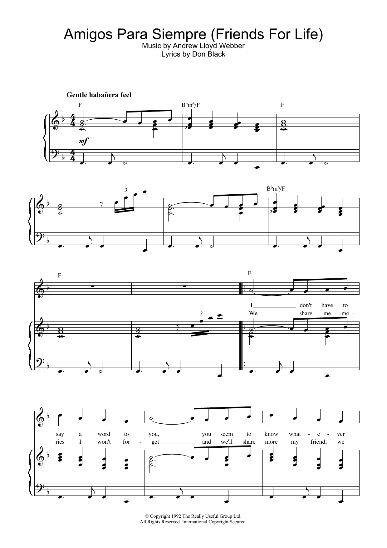 Andrew Lloyd Webber Amigos Para Siempre (Friends For Life) sheet music notes and chords. Download Printable PDF.