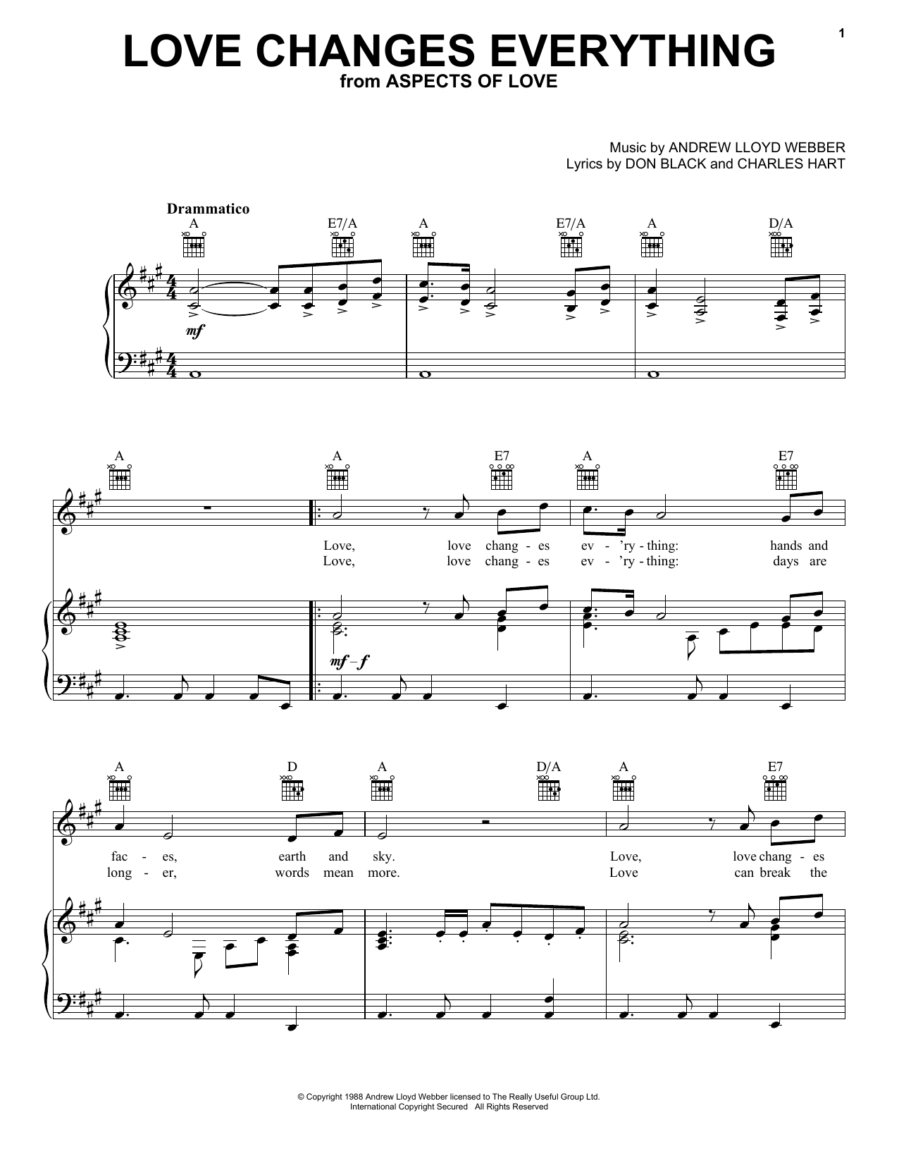 Andrew Lloyd Webber Love Changes Everything sheet music notes and chords. Download Printable PDF.